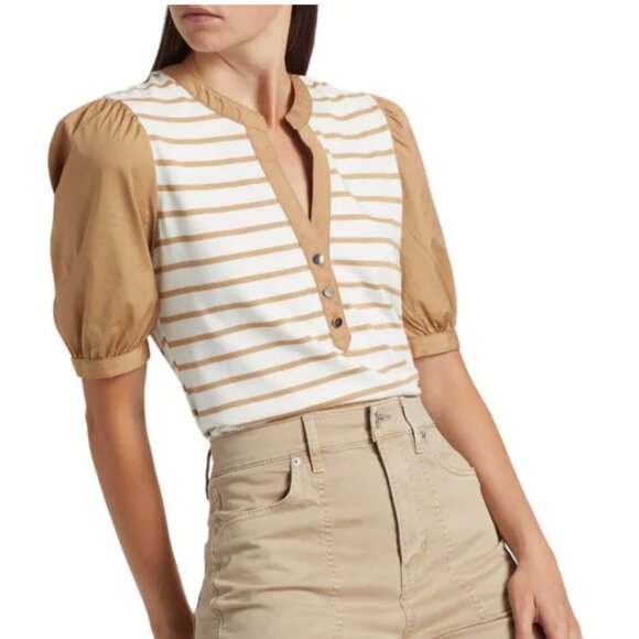 VERONICA BEARD Kellie Tan/White Striped Puff-Sleeve Top NWT XL - Picture 1 of 9